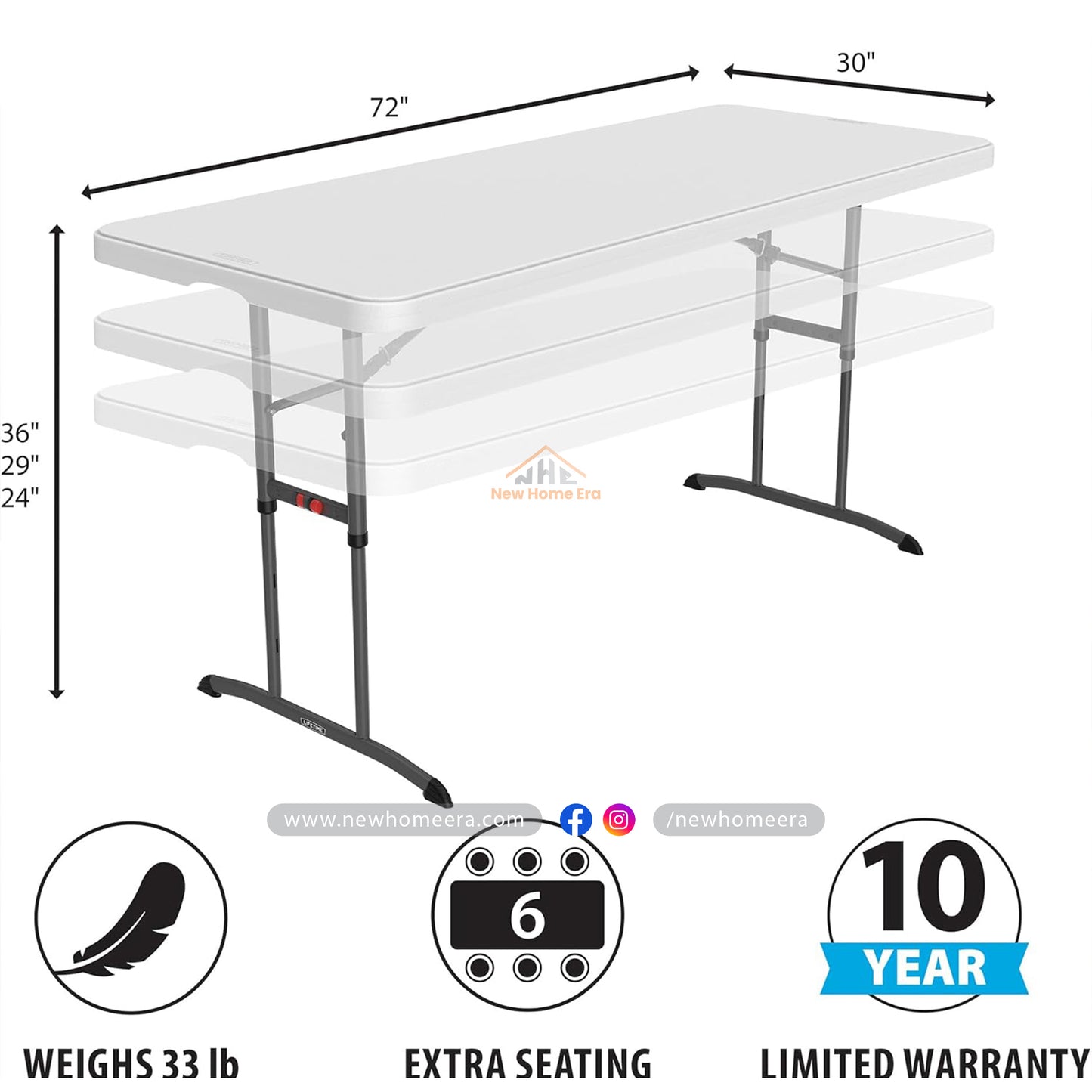 6-Foot Adjustable Height Nesting Table – Commercial Grade, White Granite