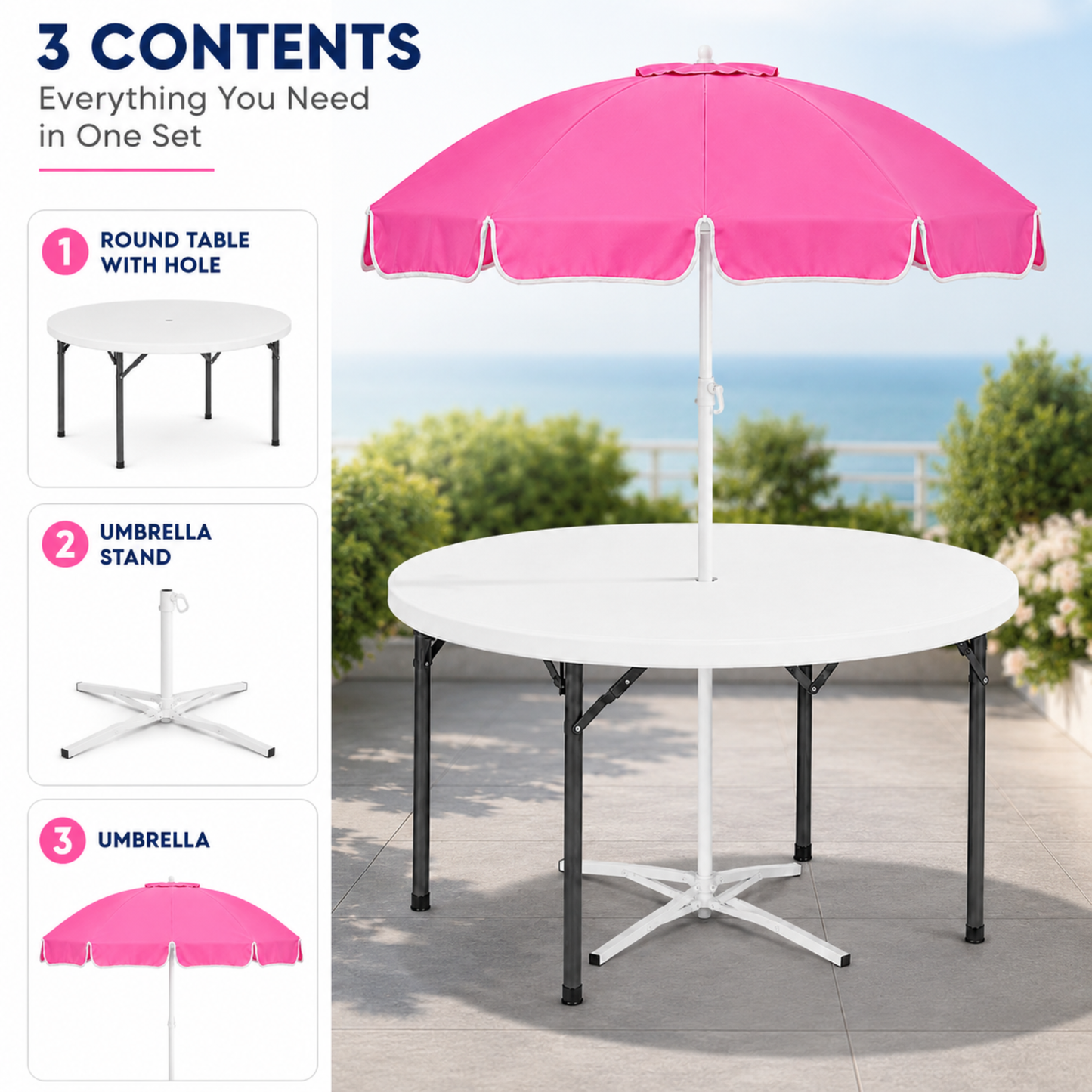 5ft Round Folding Table with Umbrella and Stand