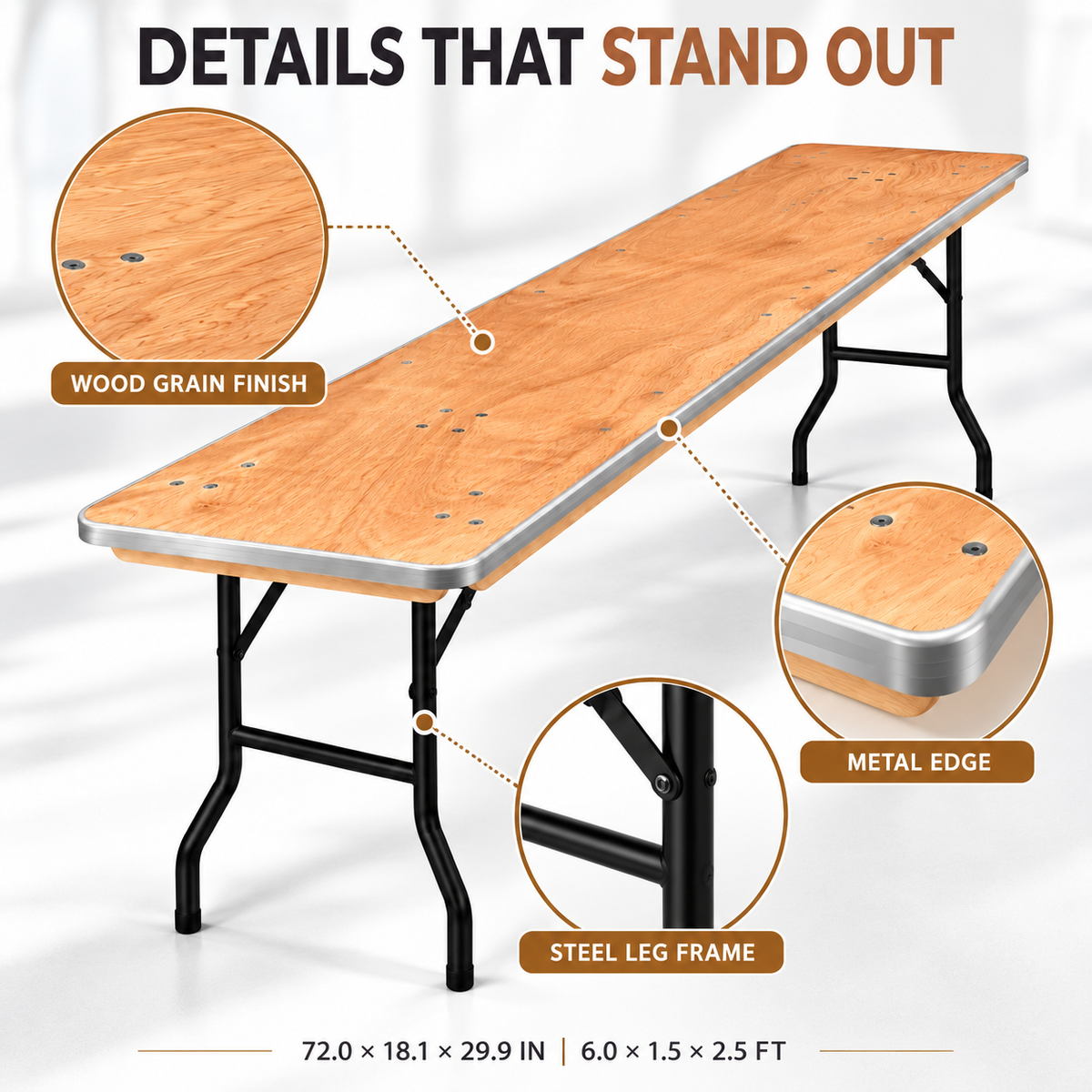 6 Feet Wooden Finish Rectangular Table with Metal Edge – 72 x 18.1 x 29.9 Inches