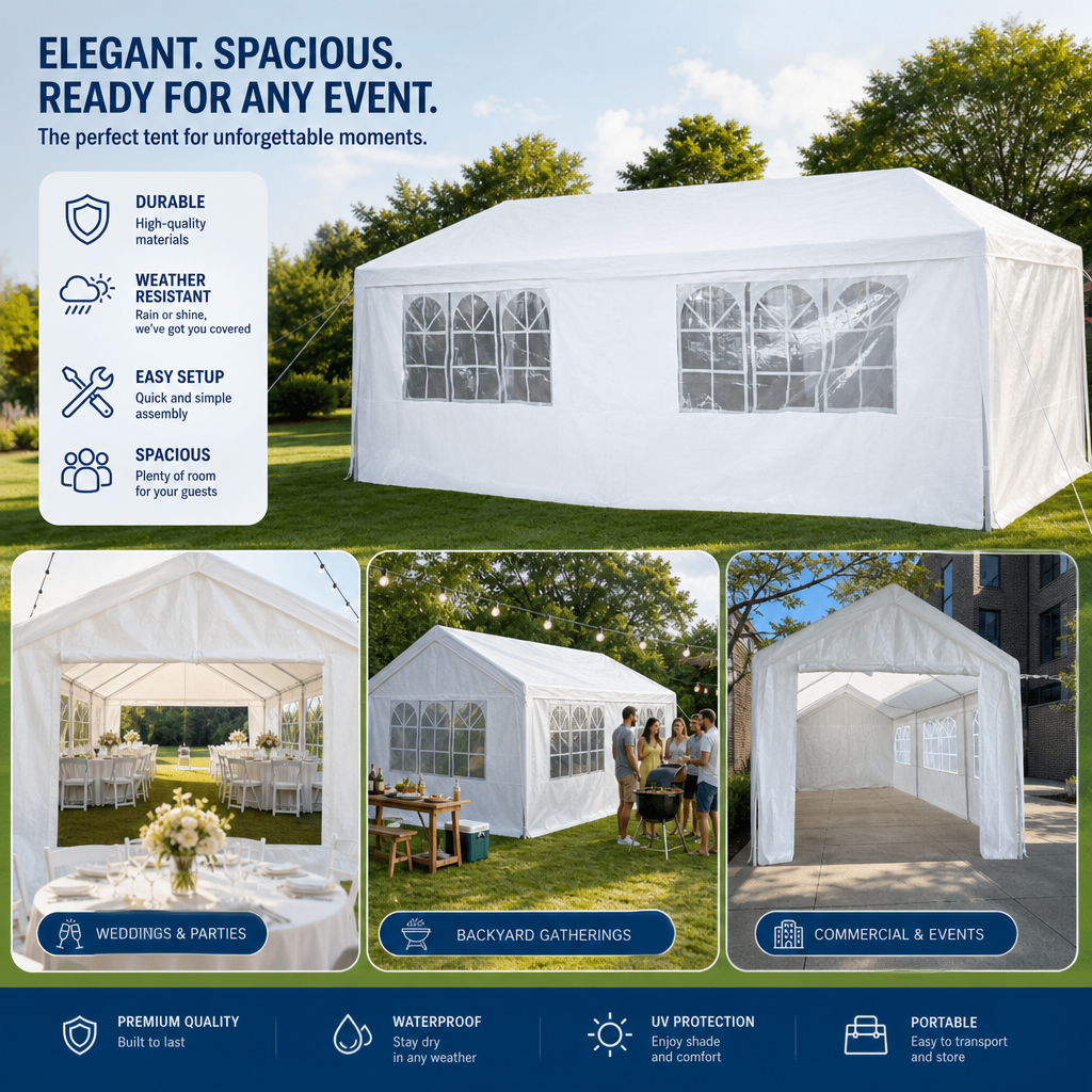 Heavy Duty 10x20 ft Party Tent Canopy – Waterproof Outdoor Gazebo Marquee Shelter with Steel Frame (White)