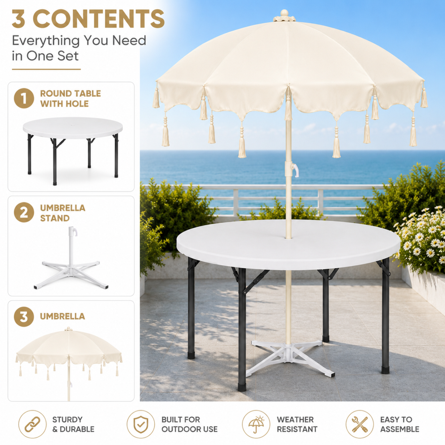 5ft Round Folding Table with Umbrella and Stand