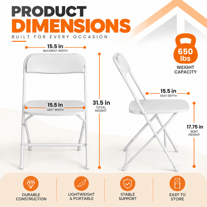White Folding Chair – Commercial Grade Plastic Folding Chair with Steel Frame