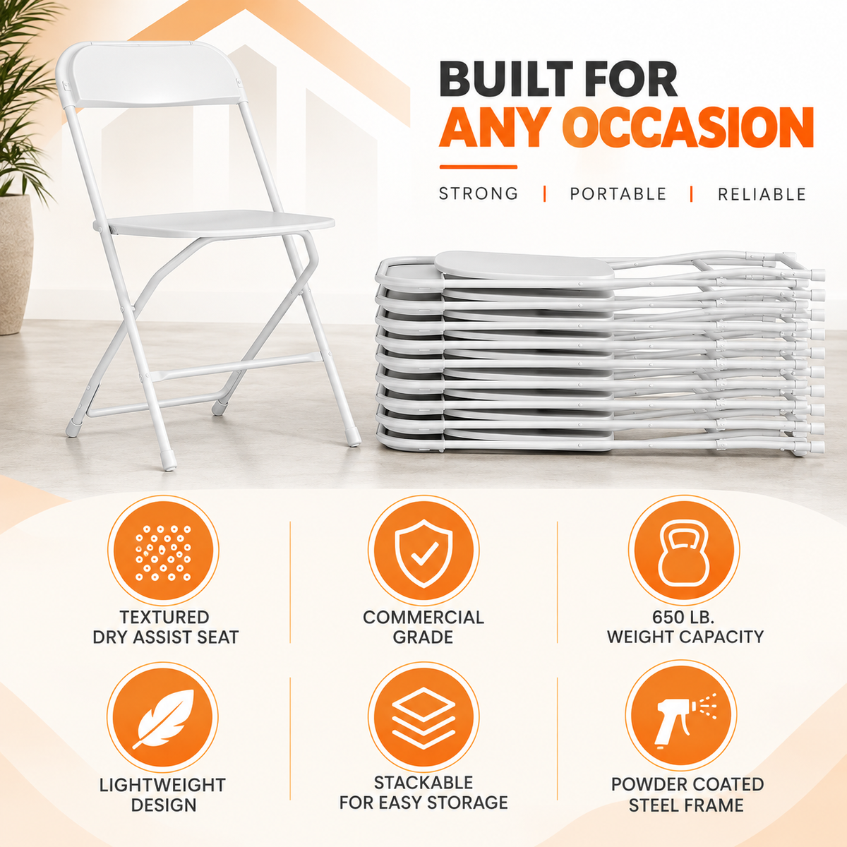 White Folding Chair – Commercial Grade Plastic Folding Chair with Steel Frame