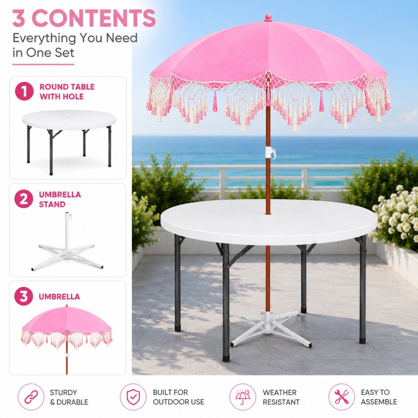 5ft Round Folding Table with Umbrella and Stand