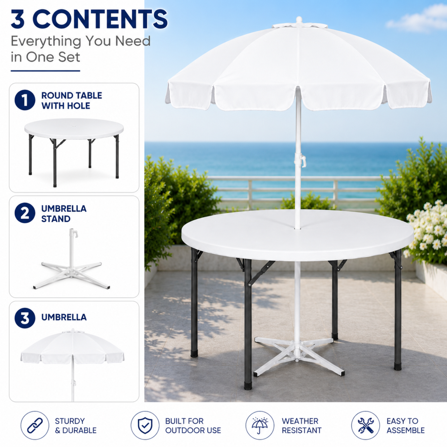 5ft Round Folding Table with Umbrella and Stand