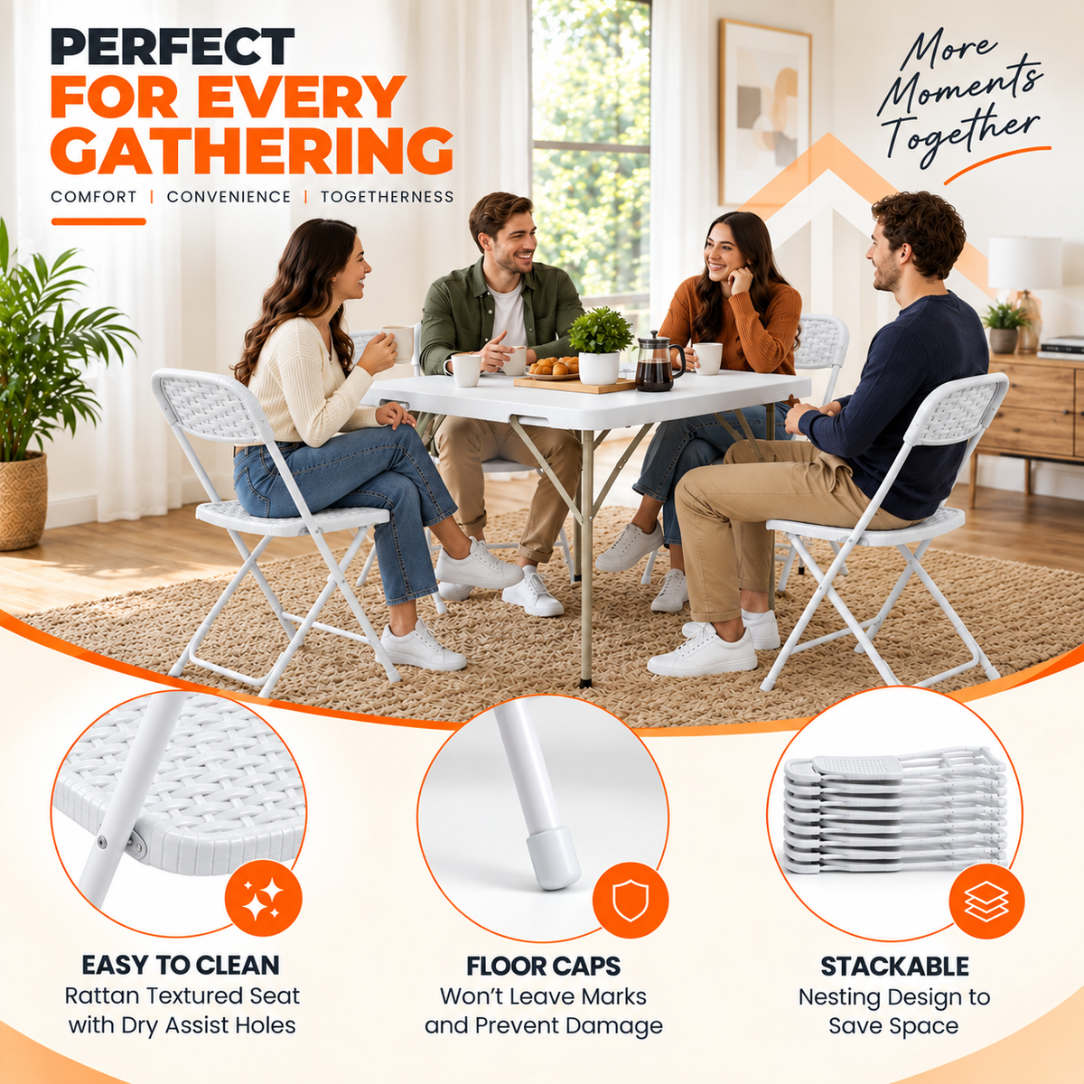 New Home Era White Rattan-Style Folding Chair – Lightweight Indoor & Outdoor Seating