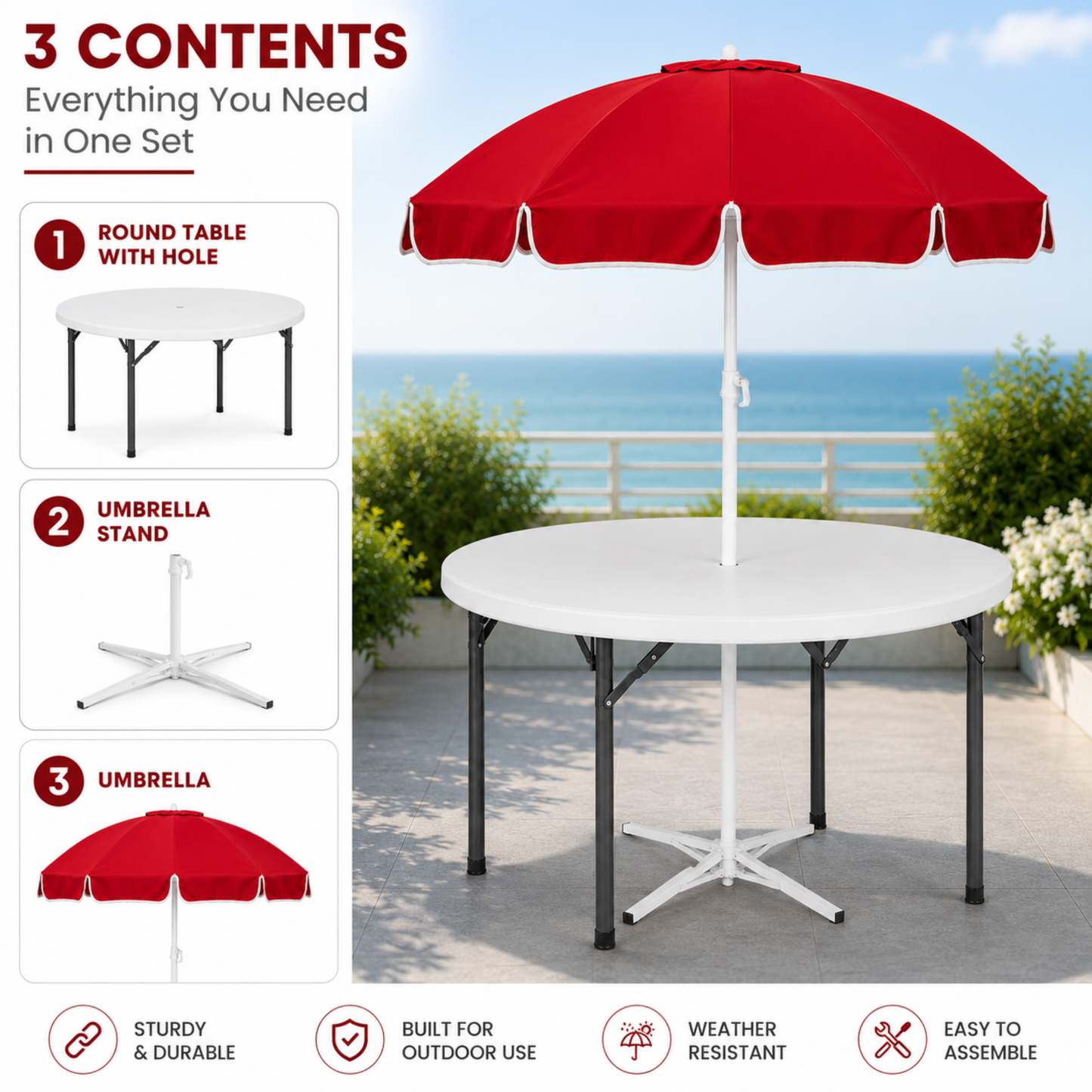 5ft Round Folding Table with Umbrella and Stand