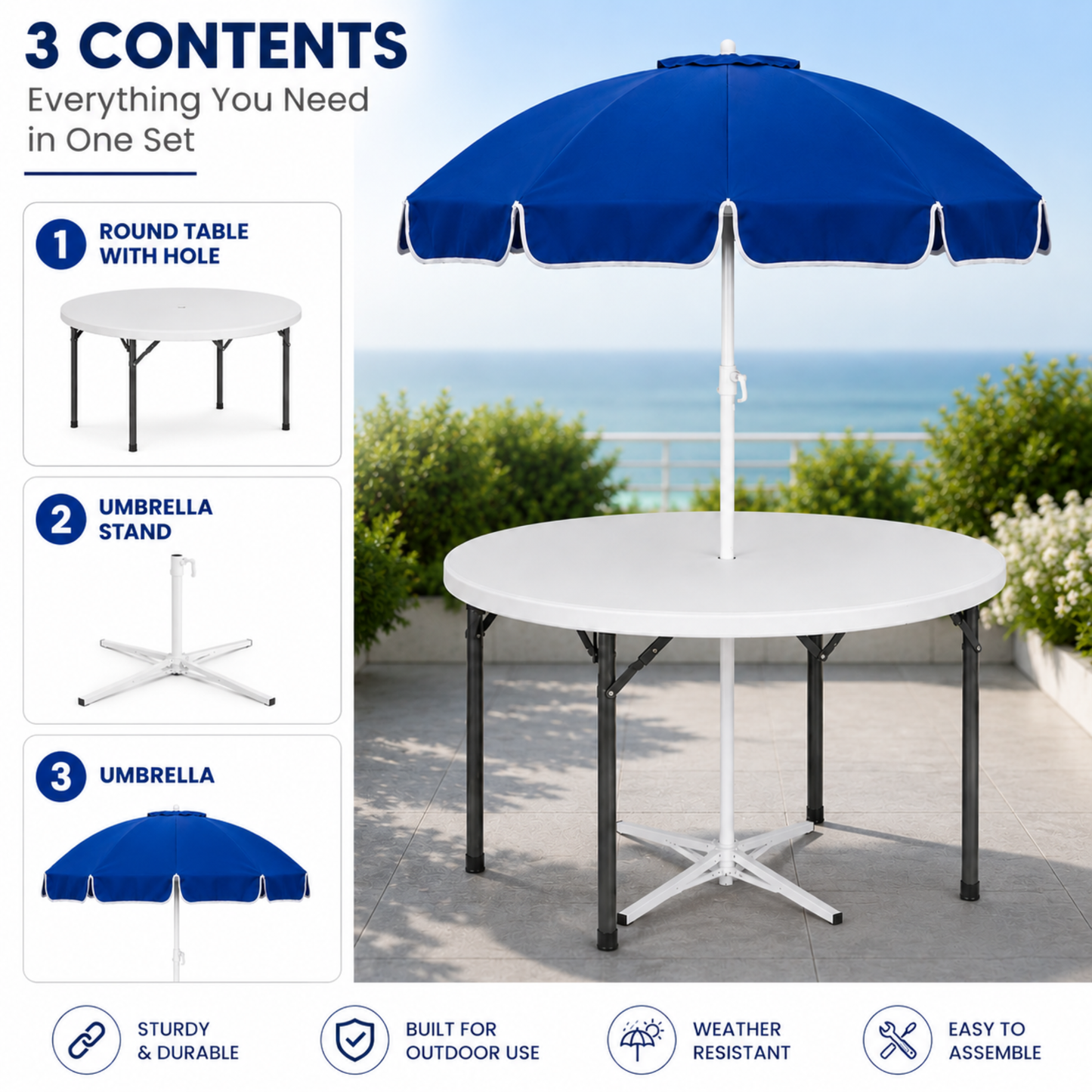 5ft Round Folding Table with Umbrella and Stand