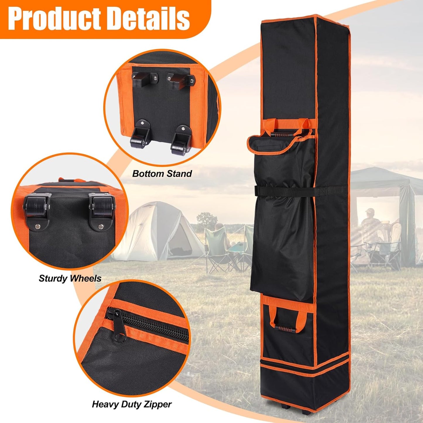 10x10x62in Canopy Bag Replacement, 800D Waterproof Oxford Carrying Bag, for 10x10 Pop Up Tent with Roller Wheels/Handle/Buckle Strap/Pocket for Easy Carrying, Black