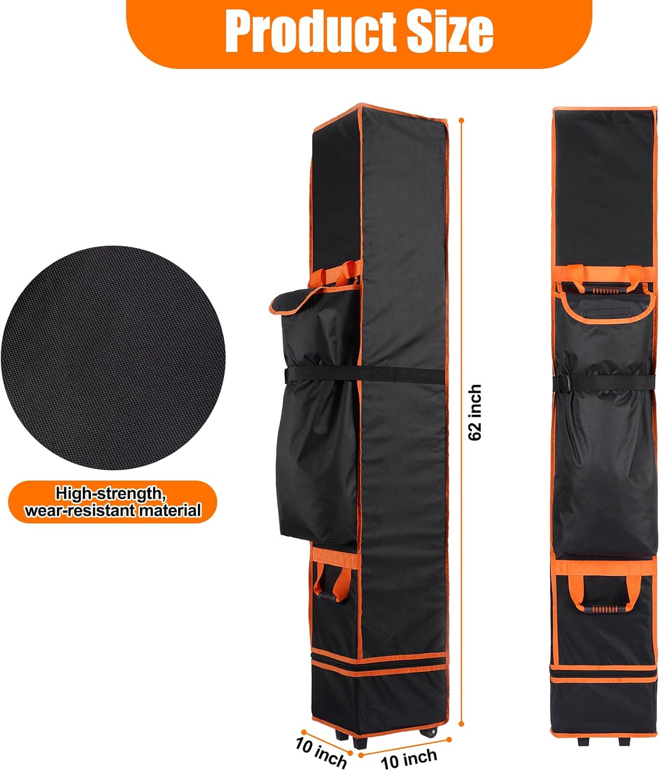 10x10x62in Canopy Bag Replacement, 800D Waterproof Oxford Carrying Bag, for 10x10 Pop Up Tent with Roller Wheels/Handle/Buckle Strap/Pocket for Easy Carrying, Black