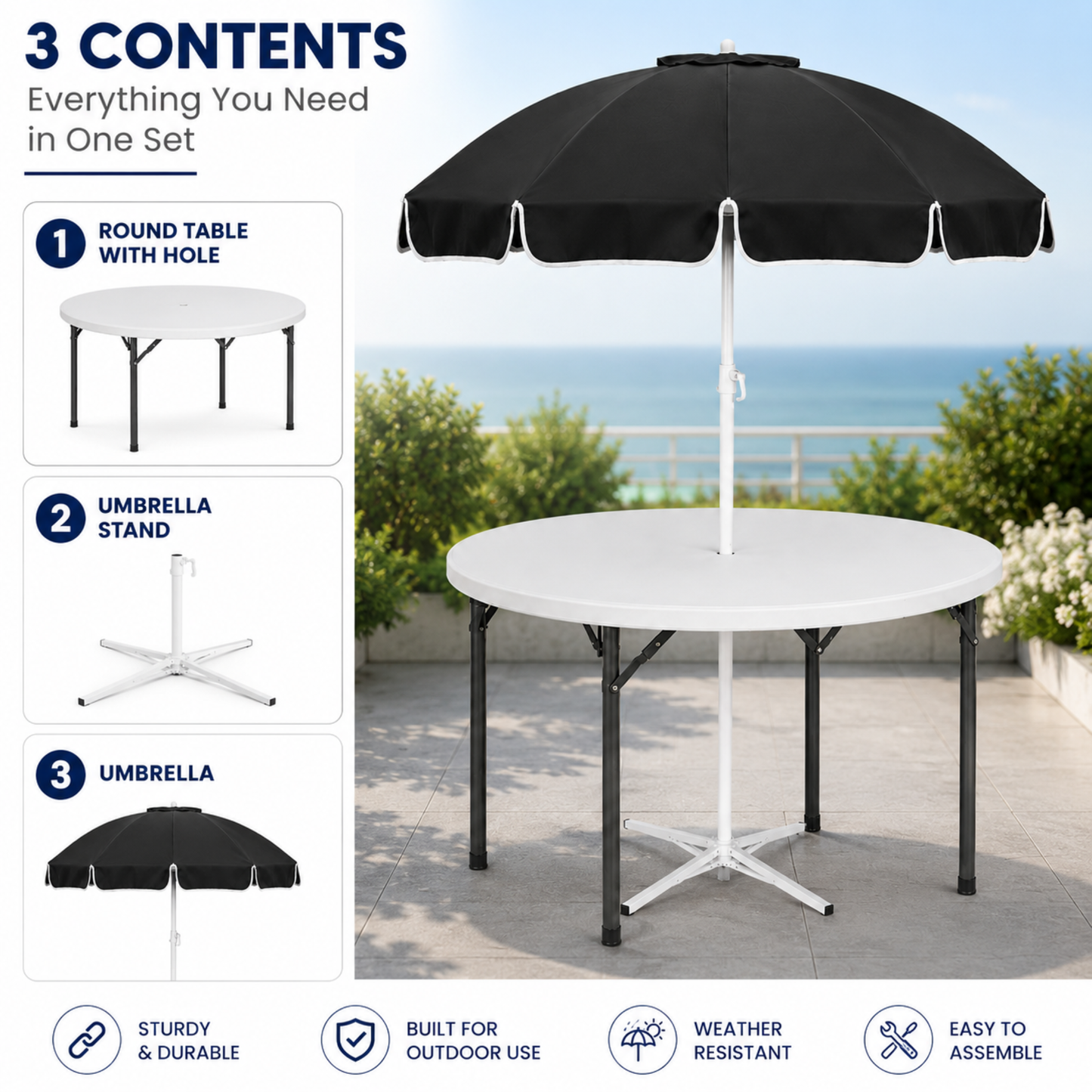 5ft Round Folding Table with Umbrella and Stand