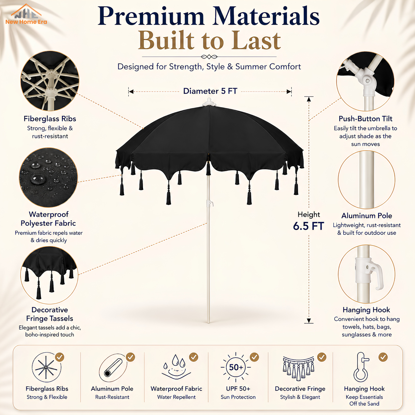 5 Feet Outdoor Patio Umbrella with Hanging Hook