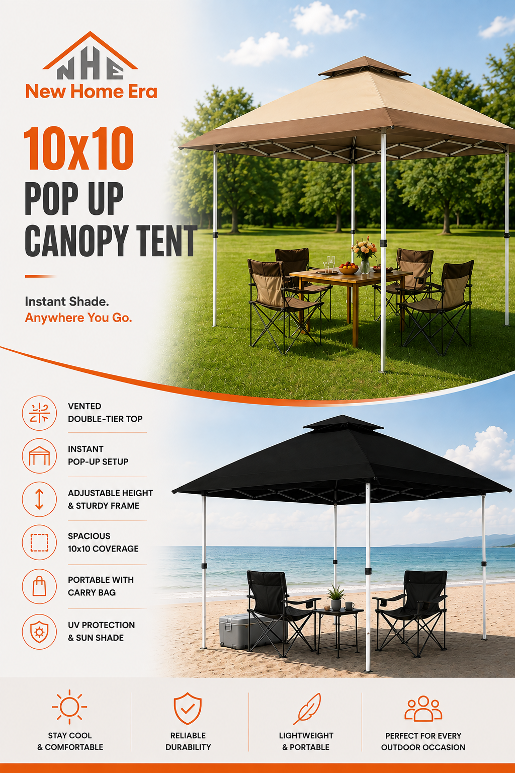Outdoor Portable 10x10 ft Canopy Tent with Vented Top & Carry Bag