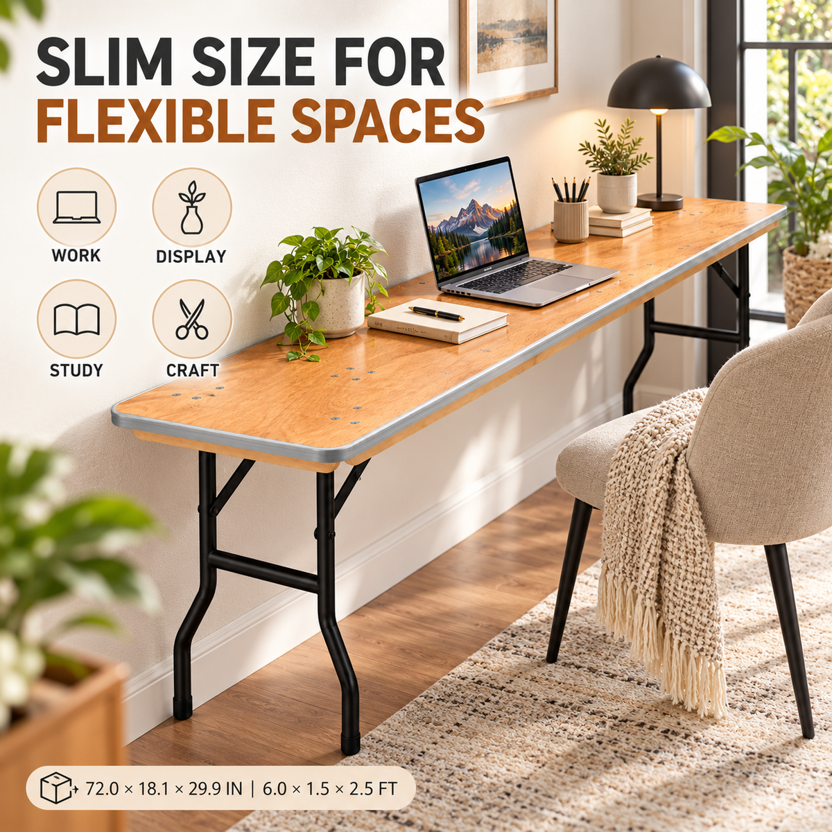 6 Feet Wooden Finish Rectangular Table with Metal Edge – 72 x 18.1 x 29.9 Inches