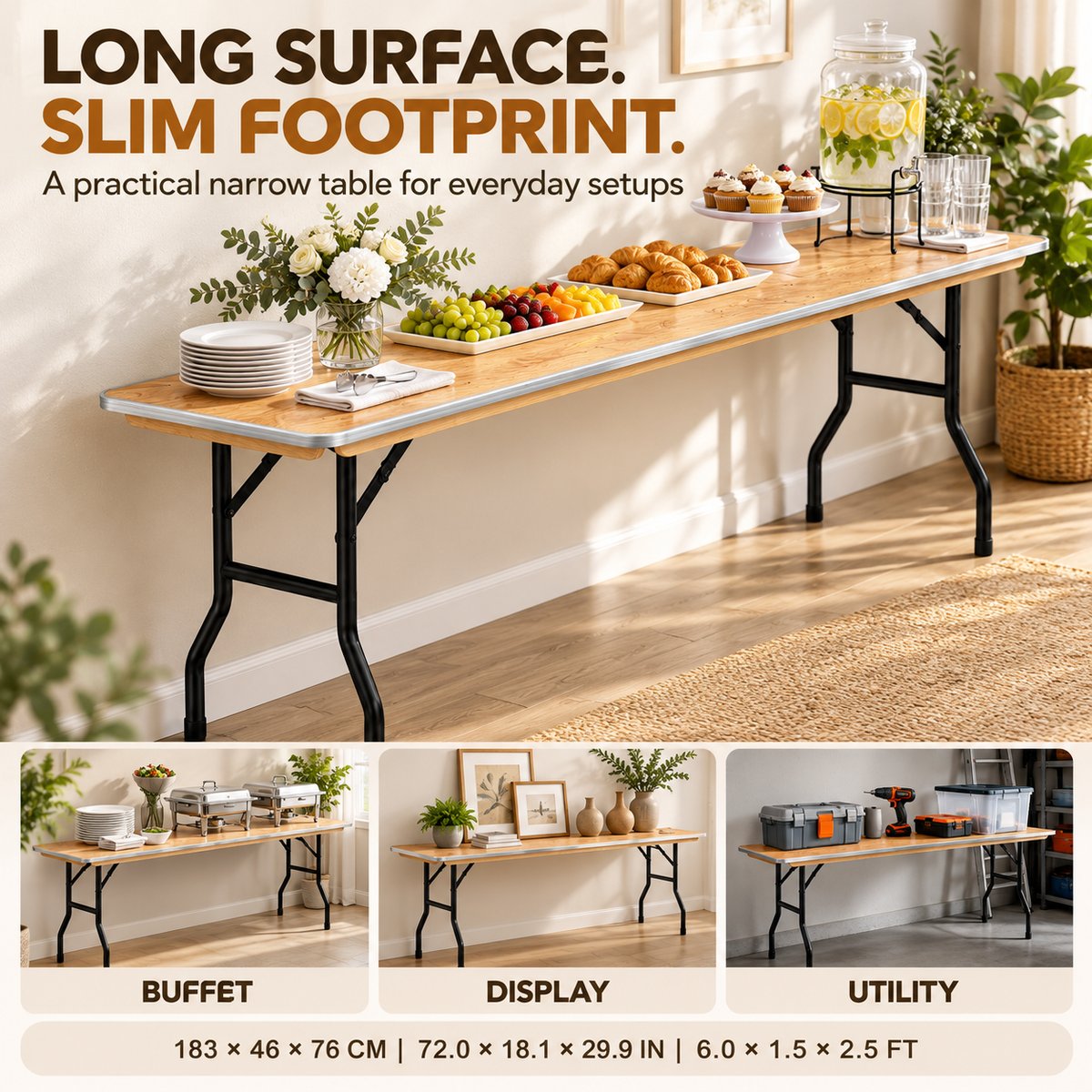 6 Feet Wooden Finish Rectangular Table with Metal Edge – 72 x 18.1 x 29.9 Inches