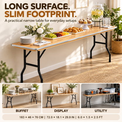 6 Feet Wooden Finish Rectangular Table with Metal Edge – 72 x 18.1 x 29.9 Inches