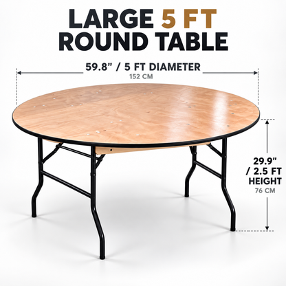 5 Feet Round Folding Table – Round Table with Wooden Finish Top and Black Rubber Edge, 29.9" High