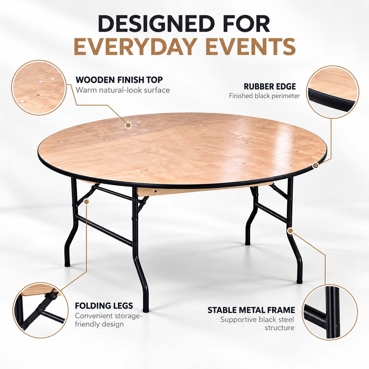 5 Feet Round Folding Table – Round Table with Wooden Finish Top and Black Rubber Edge, 29.9" High