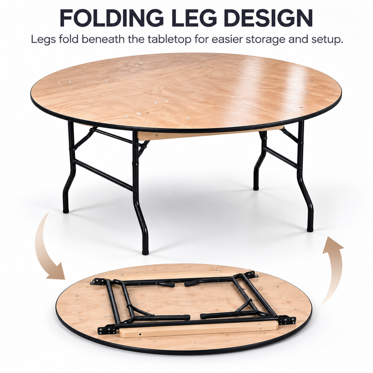 5 Feet Round Folding Table – Round Table with Wooden Finish Top and Black Rubber Edge, 29.9" High