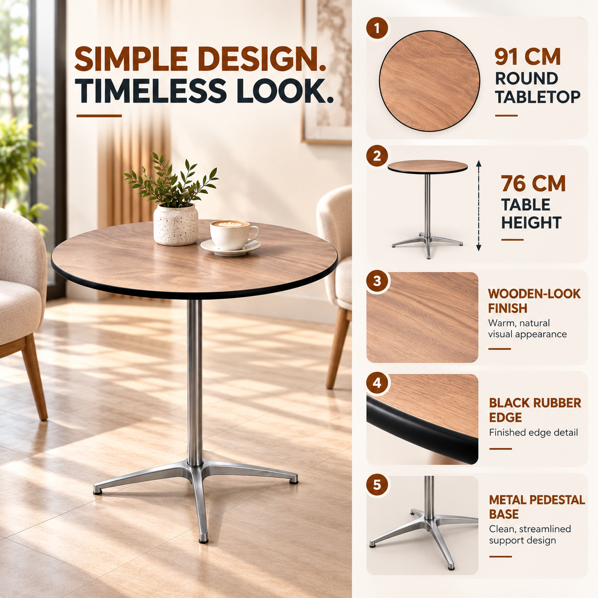 3 Feet Round Cocktail Table with Metal Pedestal Base, 2.5 Feet Height
