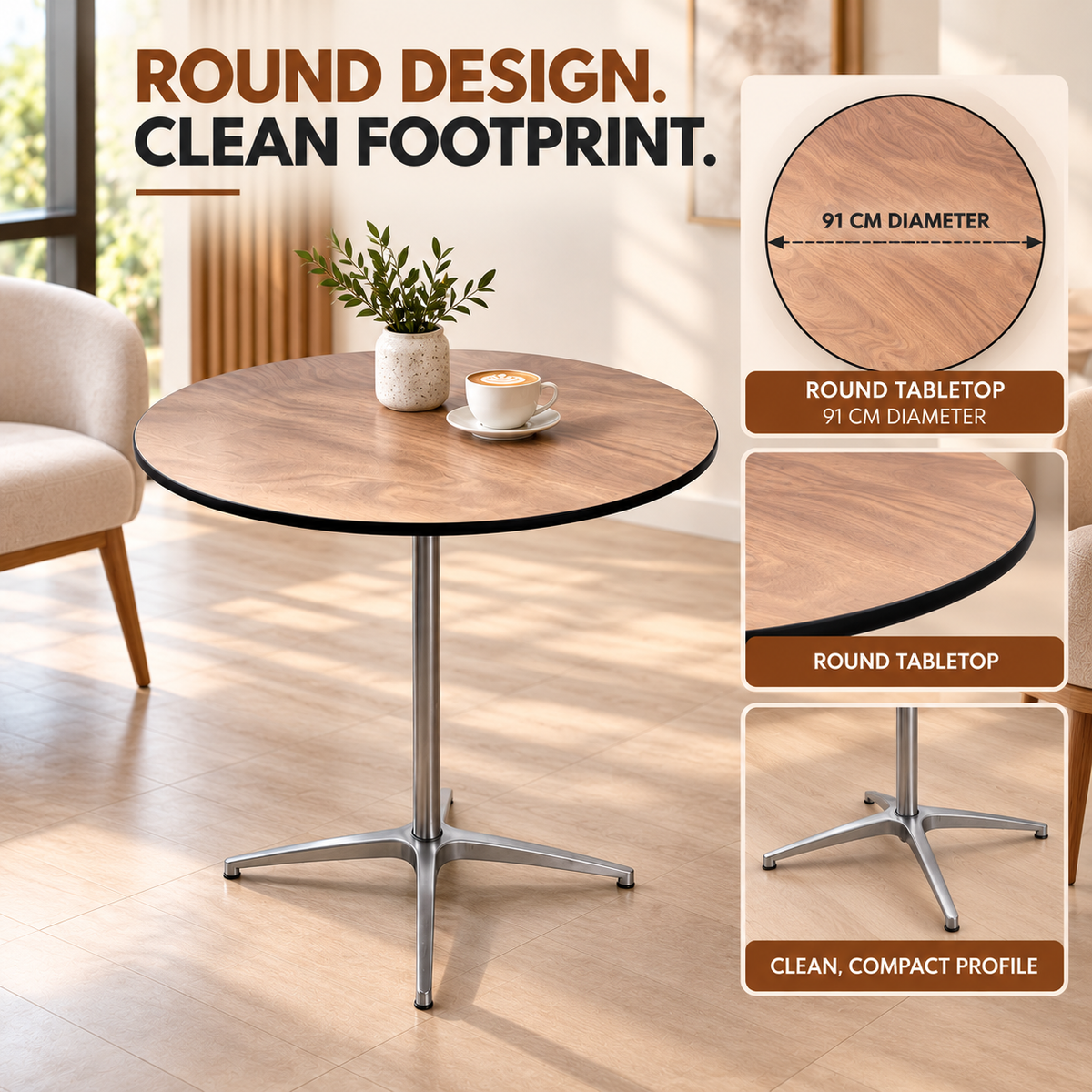 3 Feet Round Cocktail Table with Metal Pedestal Base, 2.5 Feet Height