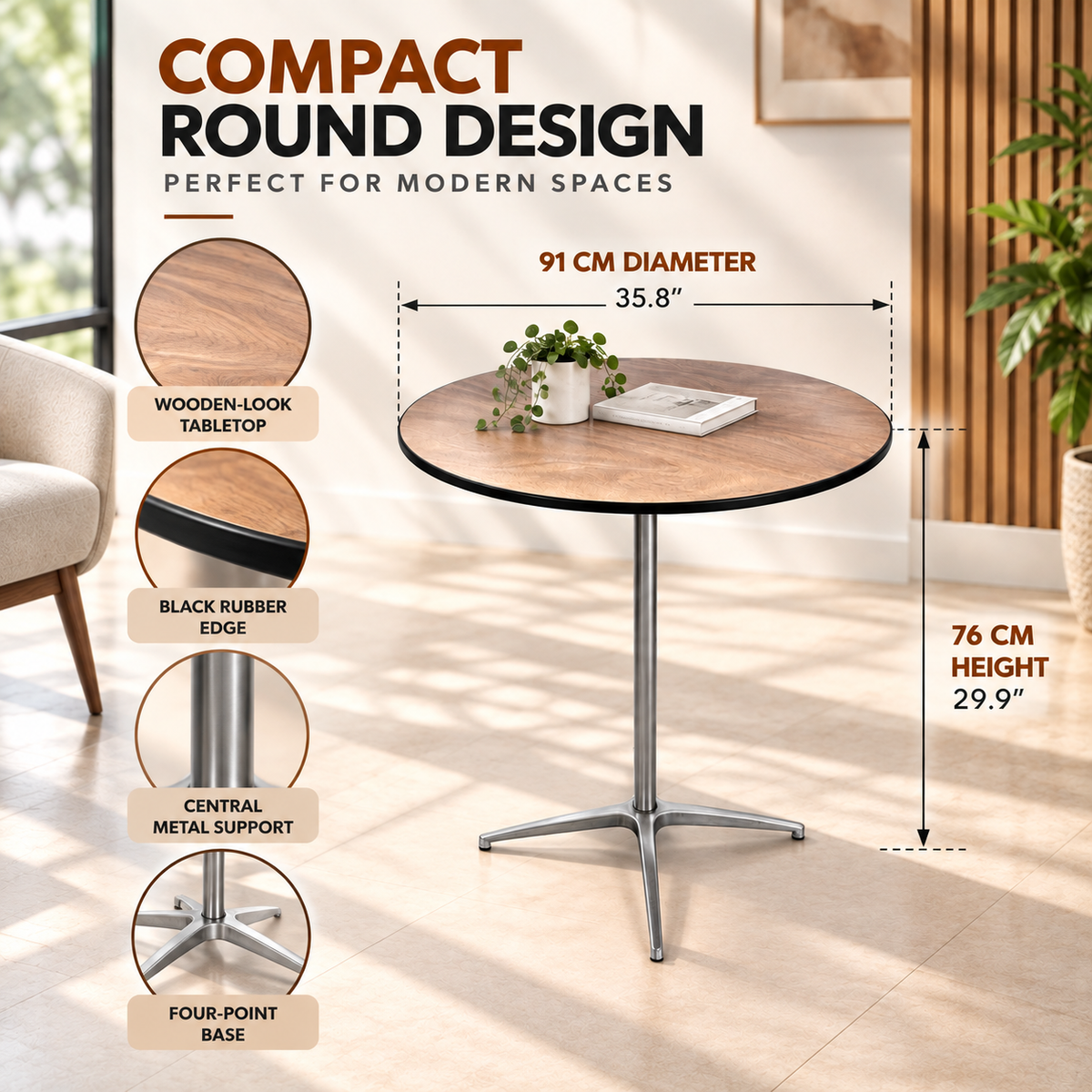 3 Feet Round Cocktail Table with Metal Pedestal Base, 2.5 Feet Height