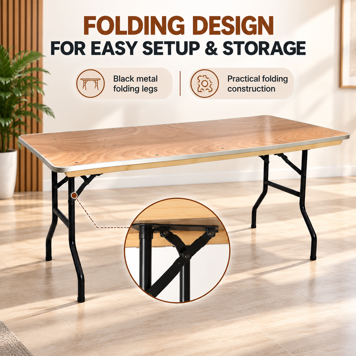 6 Feet Wooden Finish Rectangular Table with Metal Edge – 72 x 29.9 x 29.9 Inches