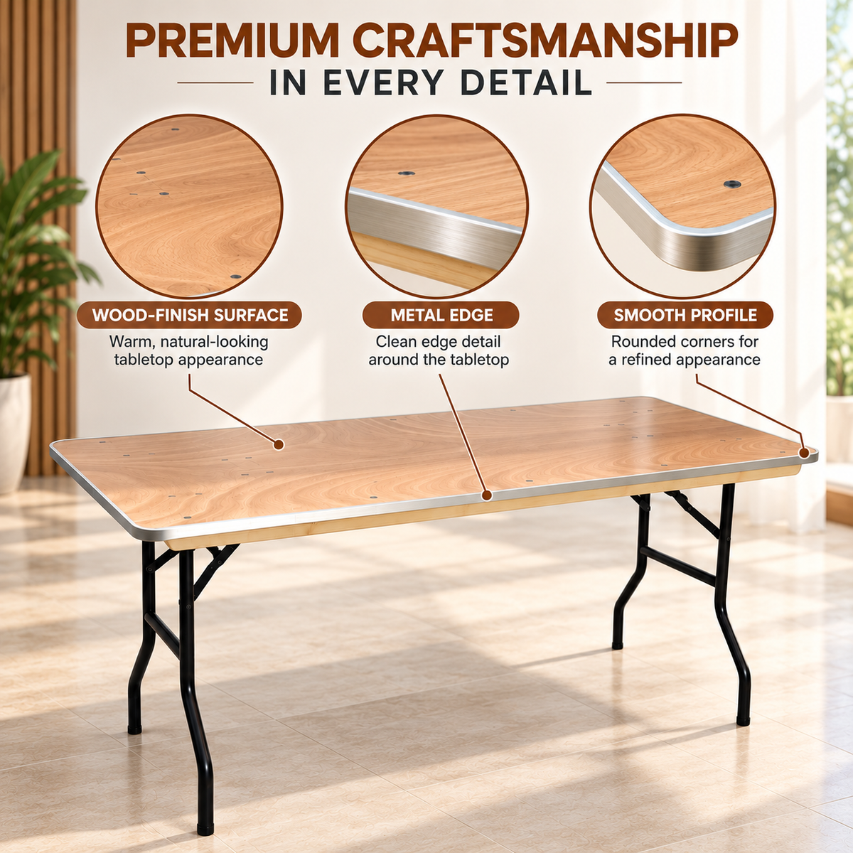 6 Feet Wooden Finish Rectangular Table with Metal Edge – 72 x 29.9 x 29.9 Inches