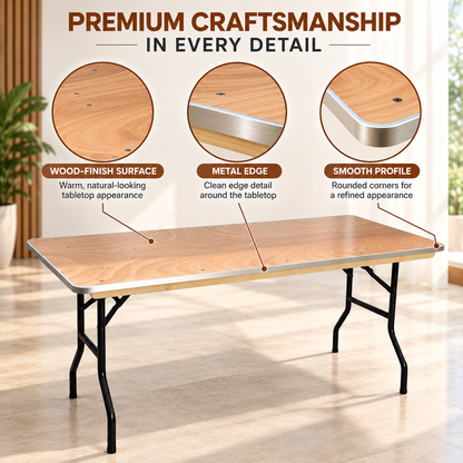 6 Feet Wooden Finish Rectangular Table with Metal Edge – 72 x 29.9 x 29.9 Inches