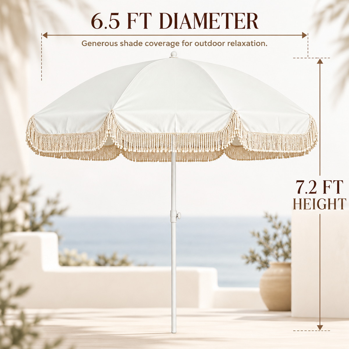 6.5 Feet Outdoor Patio Umbrella with Hanging Hook and Tassel Fringe
