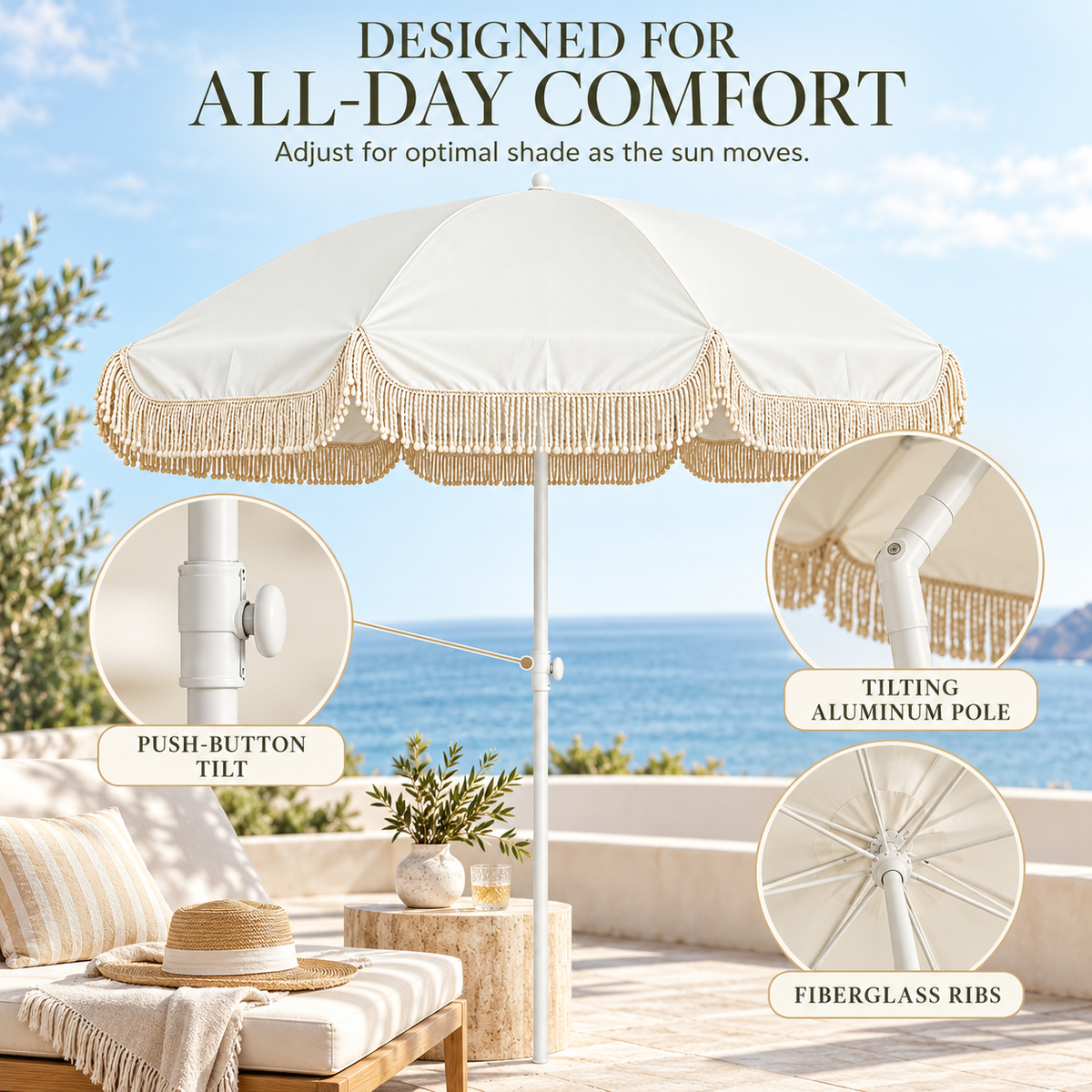 6.5 Feet Outdoor Patio Umbrella with Hanging Hook and Tassel Fringe