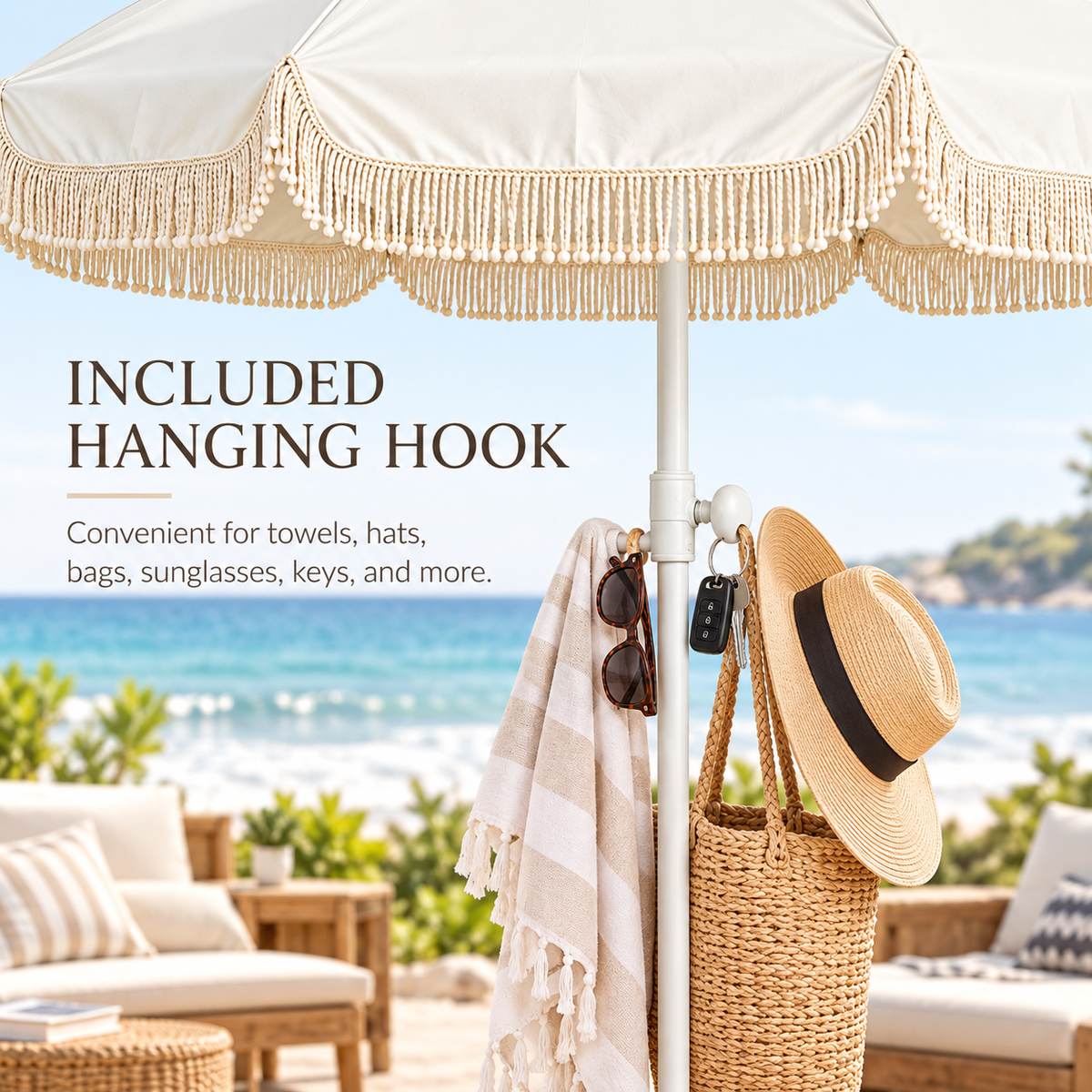 6.5 Feet Outdoor Patio Umbrella with Hanging Hook and Tassel Fringe
