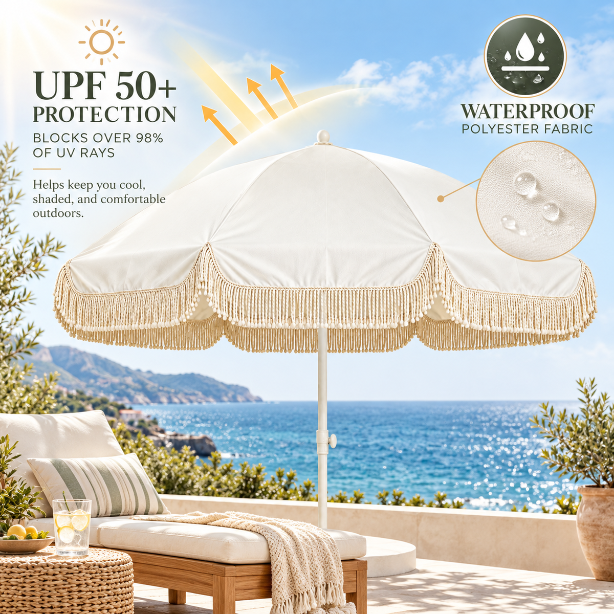 6.5 Feet Outdoor Patio Umbrella with Hanging Hook and Tassel Fringe