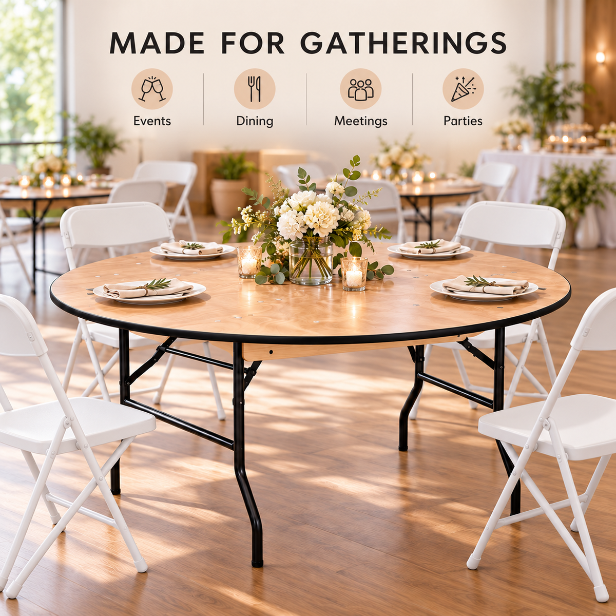 5 Feet Round Folding Table – Round Table with Wooden Finish Top and Black Rubber Edge, 29.9" High