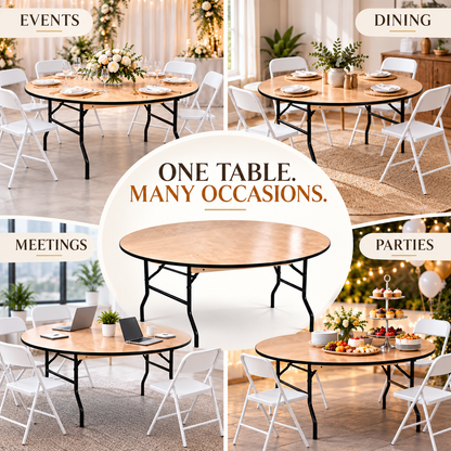 5 Feet Round Folding Table – Round Table with Wooden Finish Top and Black Rubber Edge, 29.9" High