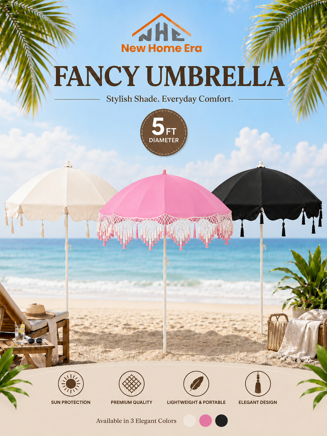 5 Feet Outdoor Patio Umbrella with Hanging Hook and Tassel Fringe