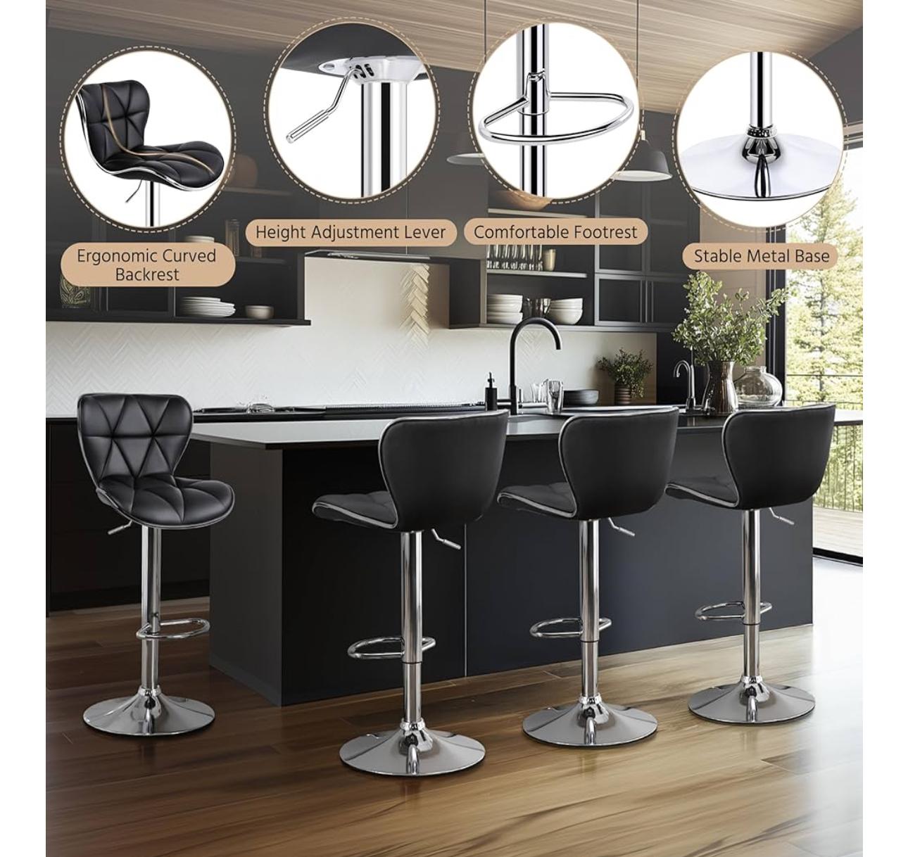 Adjustable Black Bar Stool with Chrome Base & Footrest Black or White