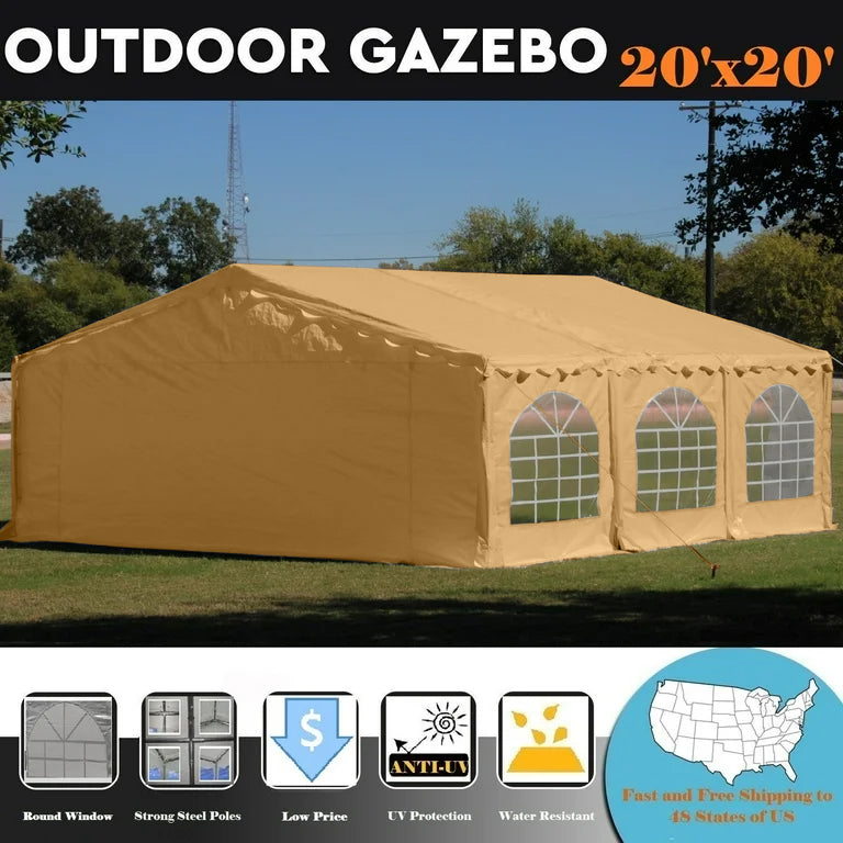20×20 Ft Heavy-Duty Outdoor Canopy Tent with Windows – Beige