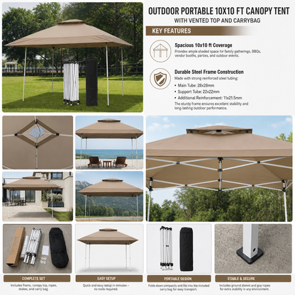 Outdoor Portable 10x10 ft Canopy Tent with Vented Top & Carry Bag