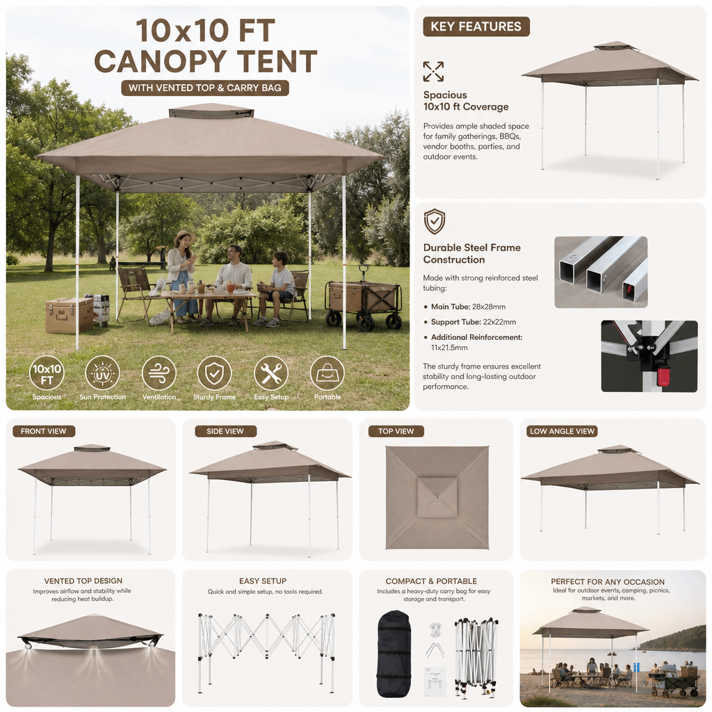 Outdoor Portable 10x10 ft Canopy Tent with Vented Top & Carry Bag