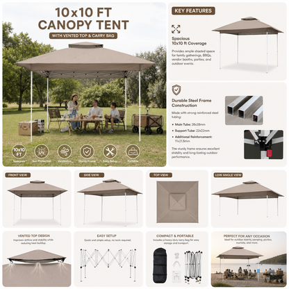Outdoor Portable 10x10 ft Canopy Tent with Vented Top & Carry Bag