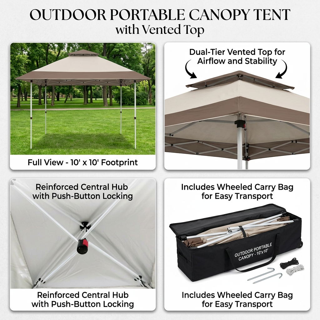 Outdoor Portable 10x10 ft Canopy Tent with Vented Top & Carry Bag