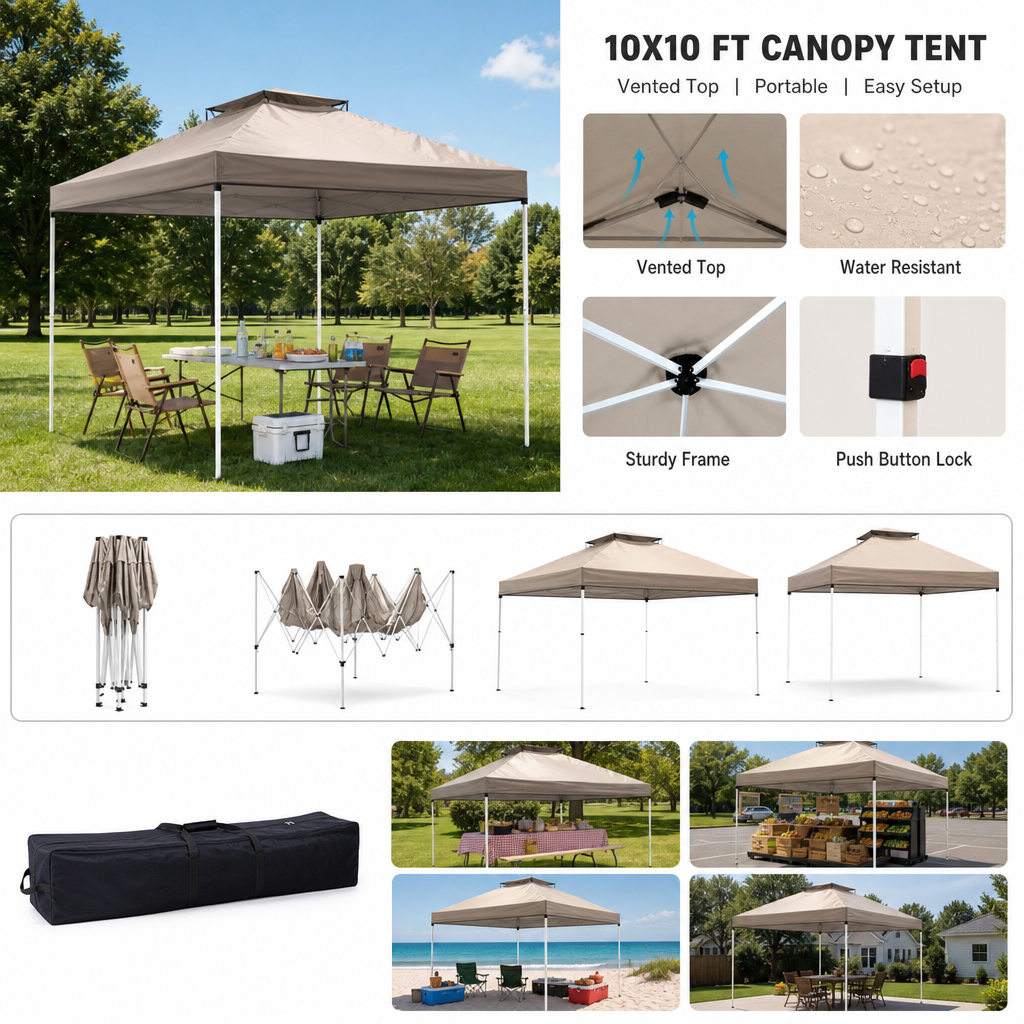 Outdoor Portable 10x10 ft Canopy Tent with Vented Top & Carry Bag