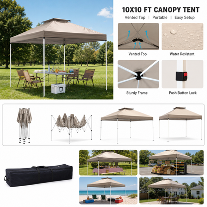 Outdoor Portable 10x10 ft Canopy Tent with Vented Top & Carry Bag