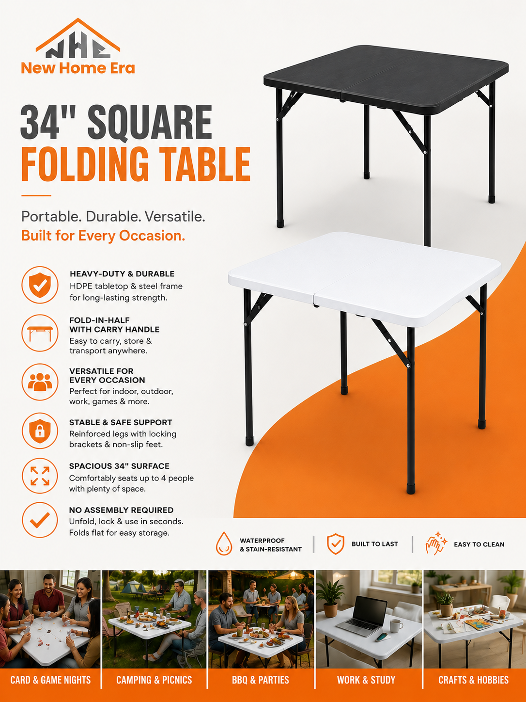 34" Plastic Square Folding Table