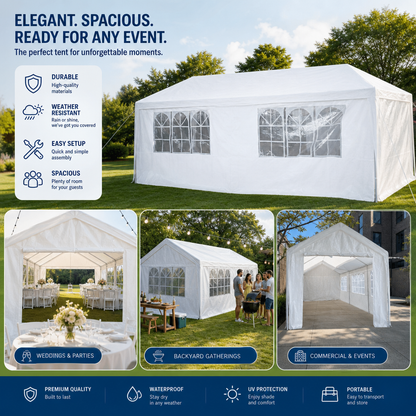 Heavy Duty 10x20 ft Party Tent Canopy – Waterproof Outdoor Gazebo Marquee Shelter with Steel Frame (White)