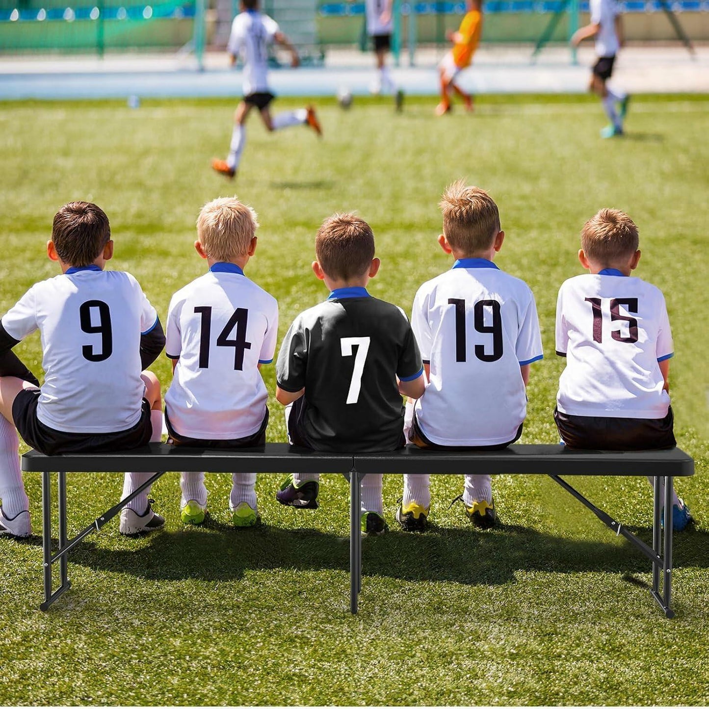 New Home Era Plastic Folding Bench - Portable Bench Used for Indoor, Outdoor, Picnic, Party, Camping, Dining Seat, Garden Soccer Multipurpose Entertaining Activities, White (2, Black, 8 Feet)